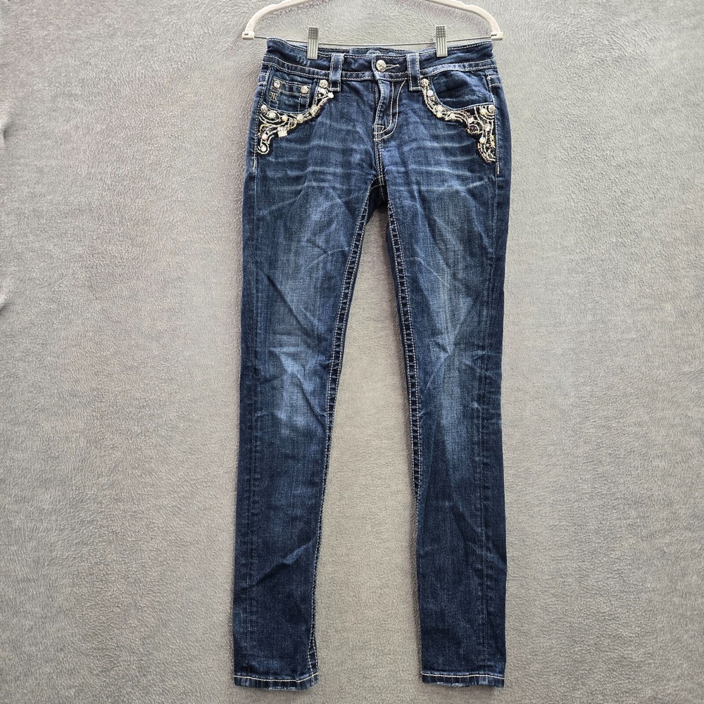 Miss Me Women's Skinny Jeans - Dark Blue with Silver Accents